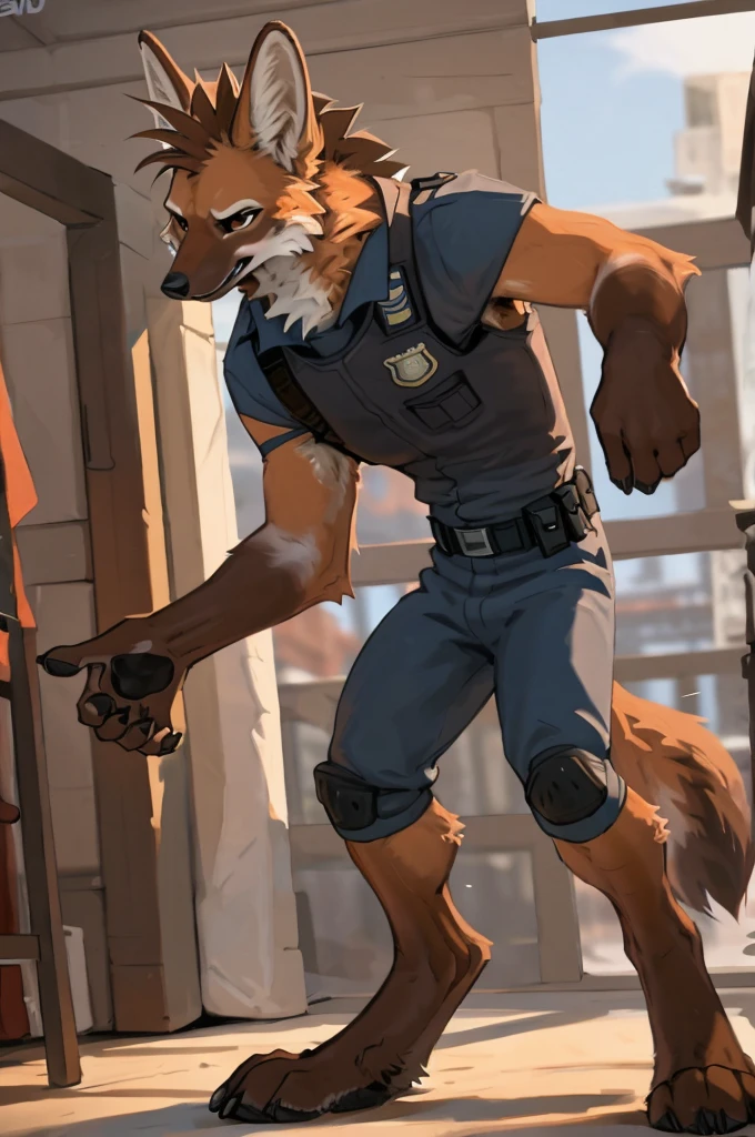 close up, furry, anthro, giant maned wolf, maned wolf ears, maned wolf tail, orange, white and brown fur, messy fur, neck floof, brown fluffy mohawk, brown eyes, razor sharp teeth, slim body, handsome, slender, lanky body, really long arms, really long legs, tall, wearing a spanish police officer uniform, police gear and police cap, pawpads, black pawpads, ((best quality, 4K, UHD, masterpiece)), standing in a Spanish police station, alone, sunny day,