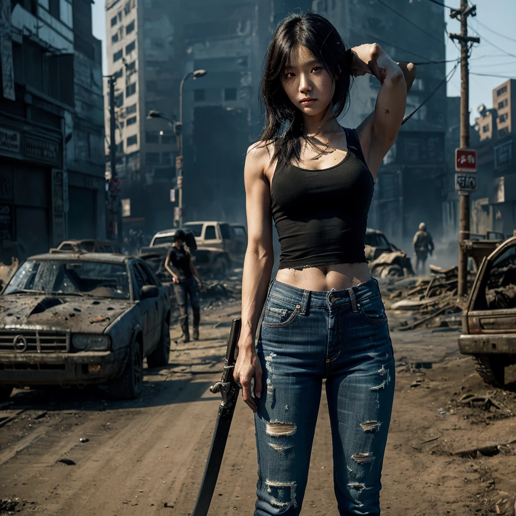 19 year old Korean girl, skin fair, some scratches on the body and a little dirty, in a post apocalyptic zombie world, tight shiny black jeans, tight black cropped short, holding an epée, scenery around city destroyed by zombies, dark environment at night, athletic and well-defined physique.