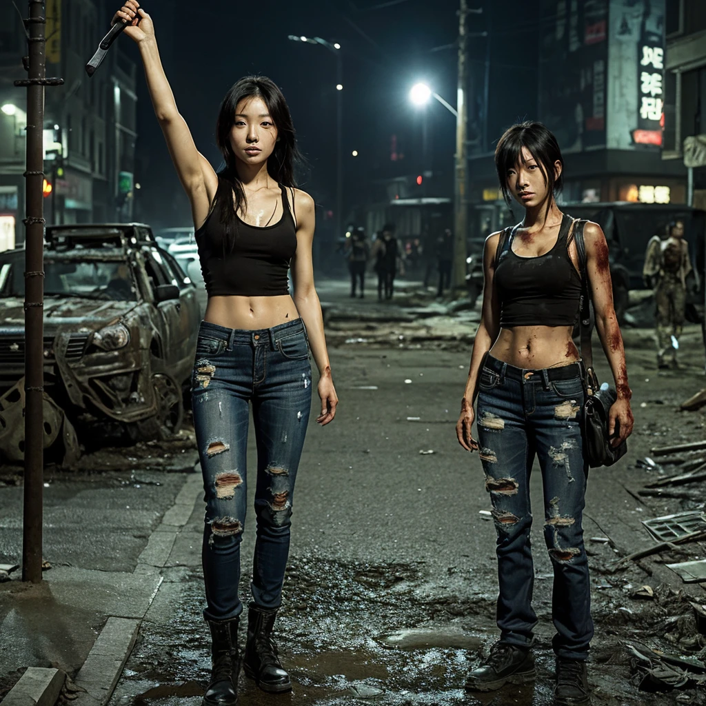 22 year old Korean girl, skin fair, some scratches on the body and a little dirty, in a post apocalyptic zombie world, tight shiny black jeans, tight black cropped short, holding a katana sword in his right hand, scenery around city destroyed by zombies, dark environment at night, athletic and well-defined physique.