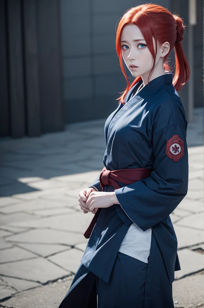 jujutsu no Kaisen scene of a female whith red hair anda blue eyes. she is wearing jujutsu no Kaisen dar Blue uniform.