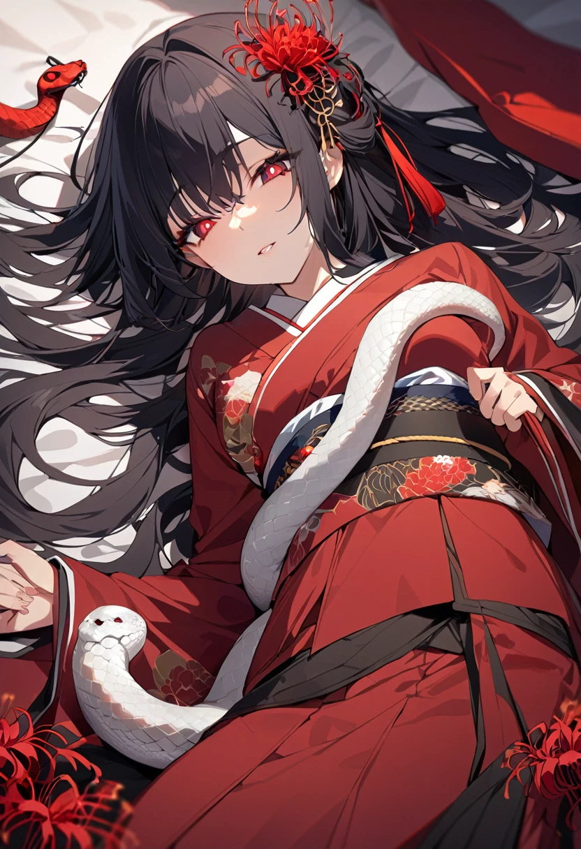 One woman, masterpiece, best quality, beautiful woman, black hair, long hair, hair accessory, red pupils, kimono, snake, red spider lily, lying on one's back, anime