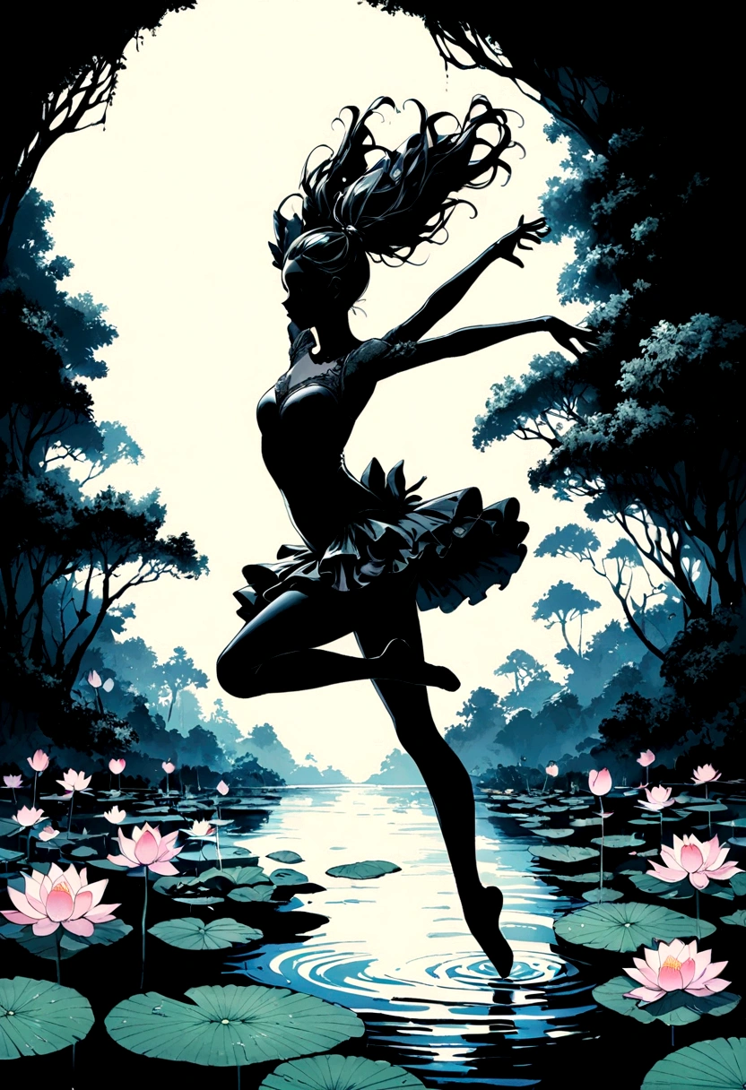 rainstorm,Rain splash,Huge waterspout,Girl shows black silhouette,Contrast with bright background,ballet silhouette,High contrast,Silhouette ballerina on the lake,lotus, lily pad,Shooting against the light,