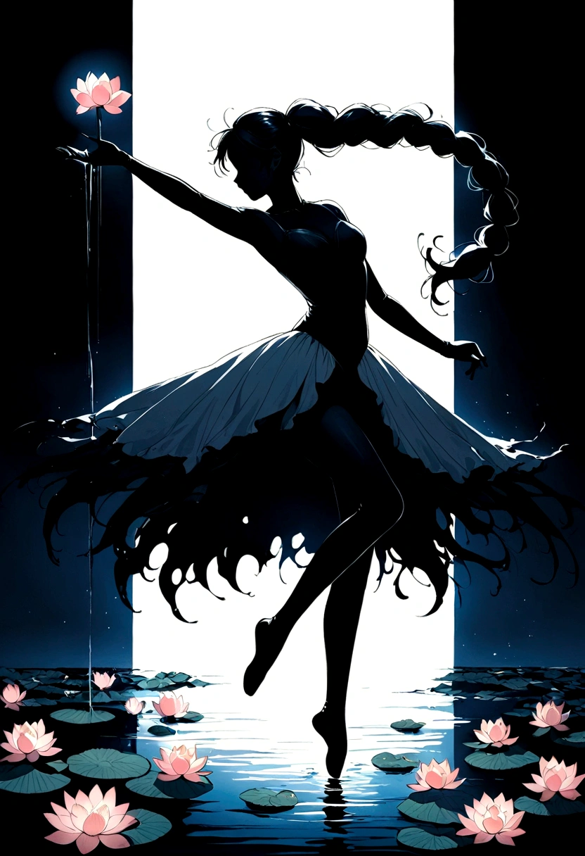 rainstorm，Rain splash，Huge waterspout，Girl shows black silhouette,Contrast with bright background,ballet silhouette,High contrast,Silhouette ballerina on the lake,lotus, lily pad，Shooting against the light，