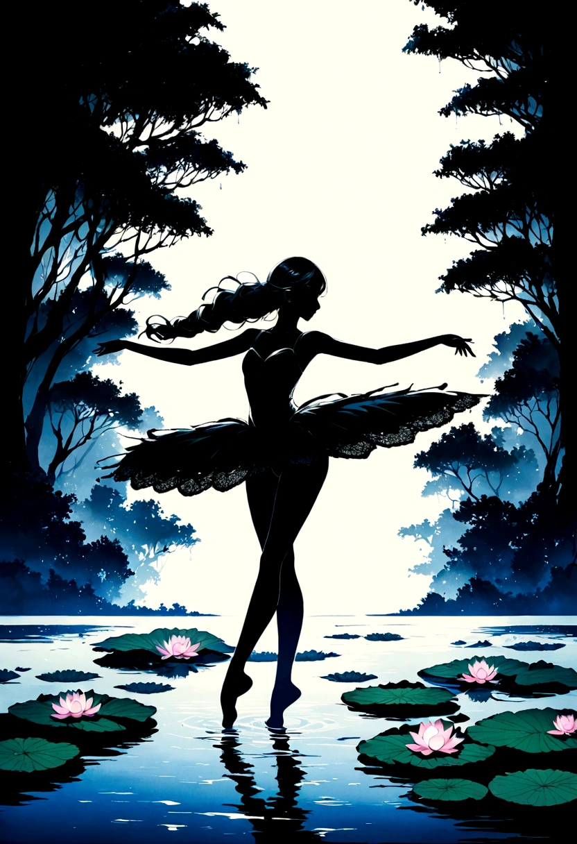 rainstorm,Rain splash,Huge waterspout,Girl shows black silhouette,Contrast with bright background,ballet silhouette,High contrast,Silhouette ballerina on the lake,lotus, lily pad,Shooting against the light,