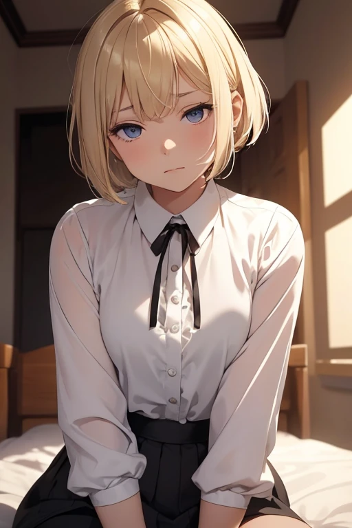 young girl with short blond hair, wearing a white blouse and a black skirt, sitting on the corner of a bed, blank expression, faded eyes, looking downward, head tilted to side, slouched shoulders, relaxed body posture, glazed eyes, unfocused eyes