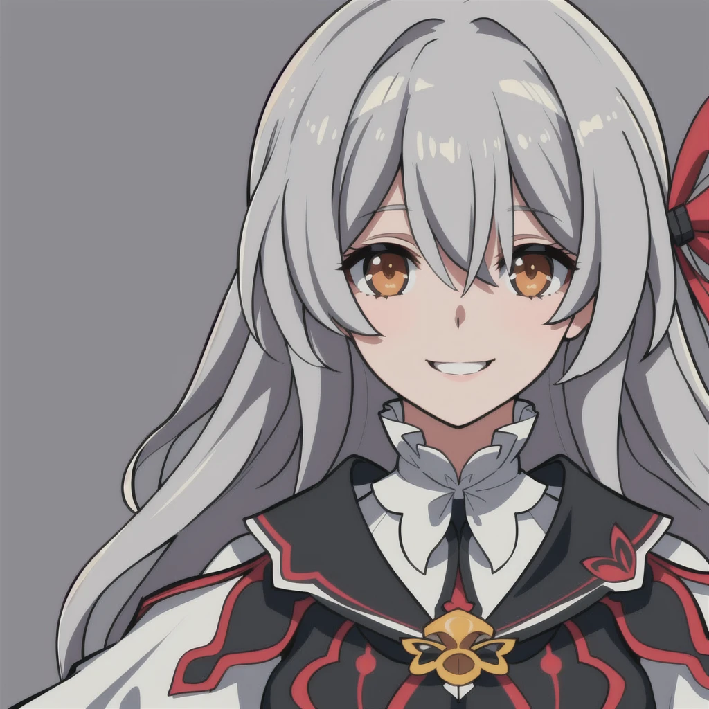 anime girl, happy smile, happy expression, light grey hair, firefly, dark brown clothes, 1girl, masterpiece, (beautiful and aesthetic:1. 5), thick black lineart, clean lineart, perfect lineart, variable lineart, clean anime outlines, intense line art, bold lineart, sharp lineart, best quality, high quality, best quality, ultra-detailed, colourful, saturated colours, dynamic lighting, HD,