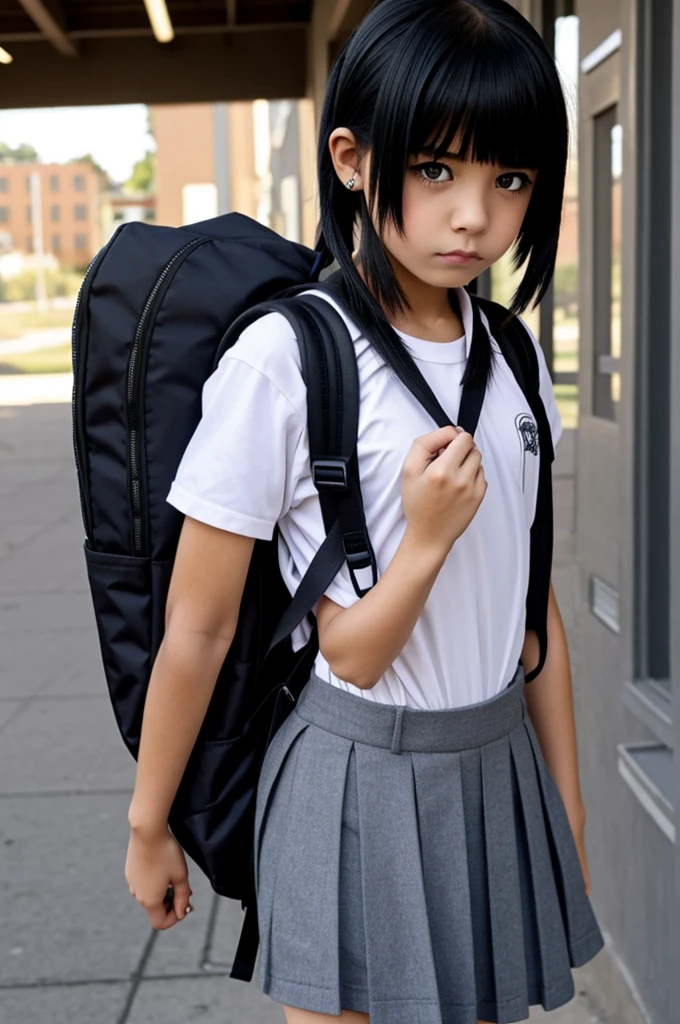 Fox girl with small penis and school clothes and backpack is depressed emo goth