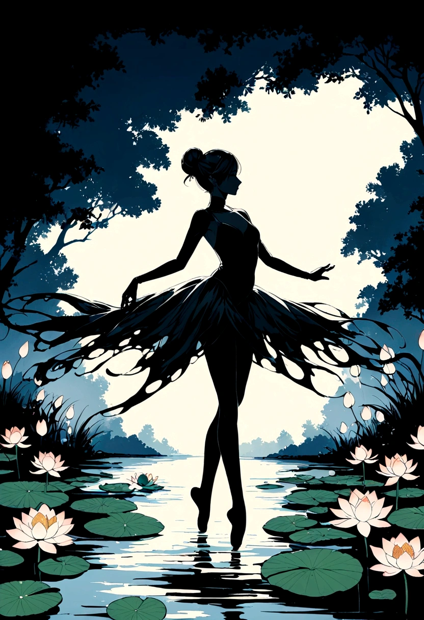 rainstorm,Rain splash,Huge waterspout,Girl shows black silhouette,Contrast with bright background,ballet silhouette,High contrast,Silhouette ballerina on the lake,lotus, lily pad,Shooting against the light,