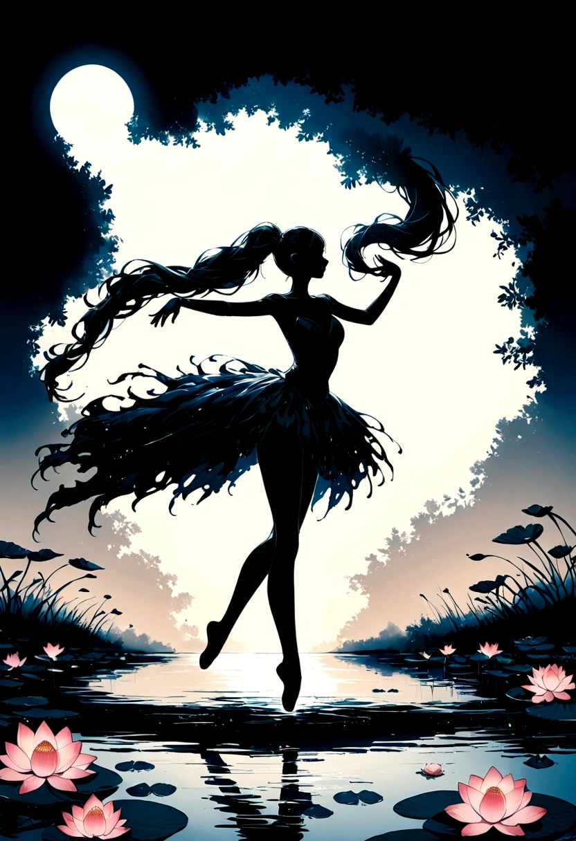 rainstorm，Rain splash，Huge waterspout，Girl shows black silhouette,Contrast with bright background,ballet silhouette,High contrast,Silhouette ballerina on the lake,lotus, lily pad，Shooting against the light，