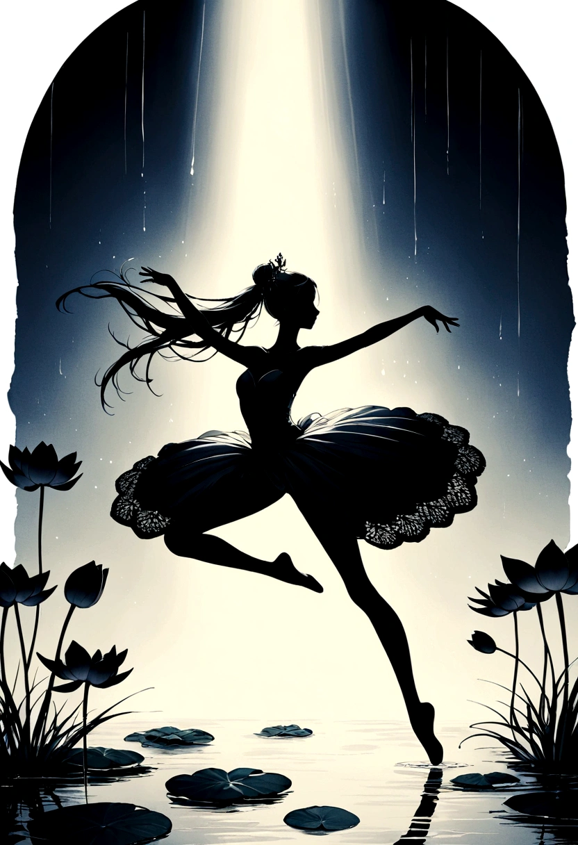 rainstorm,Rain splash,Huge waterspout,Girl shows black silhouette,Contrast with bright background,ballet silhouette,High contrast,Silhouette ballerina on the lake,lotus, lily pad,Shooting against the light,