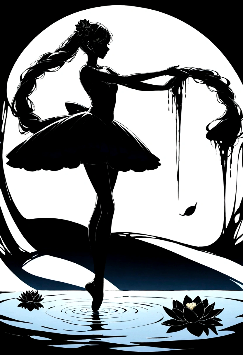 rainstorm,Rain splash,Huge waterspout,Girl shows black silhouette,Contrast with bright background,ballet silhouette,High contrast,Silhouette ballerina on the lake,lotus, lily pad,Shooting against the light,