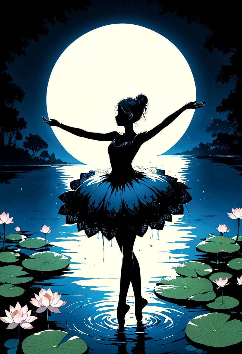 rainstorm,Rain splash,Huge waterspout,Girl shows black silhouette,Contrast with bright background,ballet silhouette,High contrast,Silhouette ballerina on the lake,lotus, lily pad,Shooting against the light,