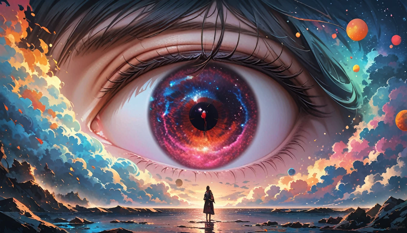 A giant eye in the dark sky, Grieving, The first broken heart, Drama, romantic, (vectorial art:1.1), night sky, fantasy sky, realisticeyes, , Colorful light from nebulous galaxy, Detailed and realistic professional art masterpieces