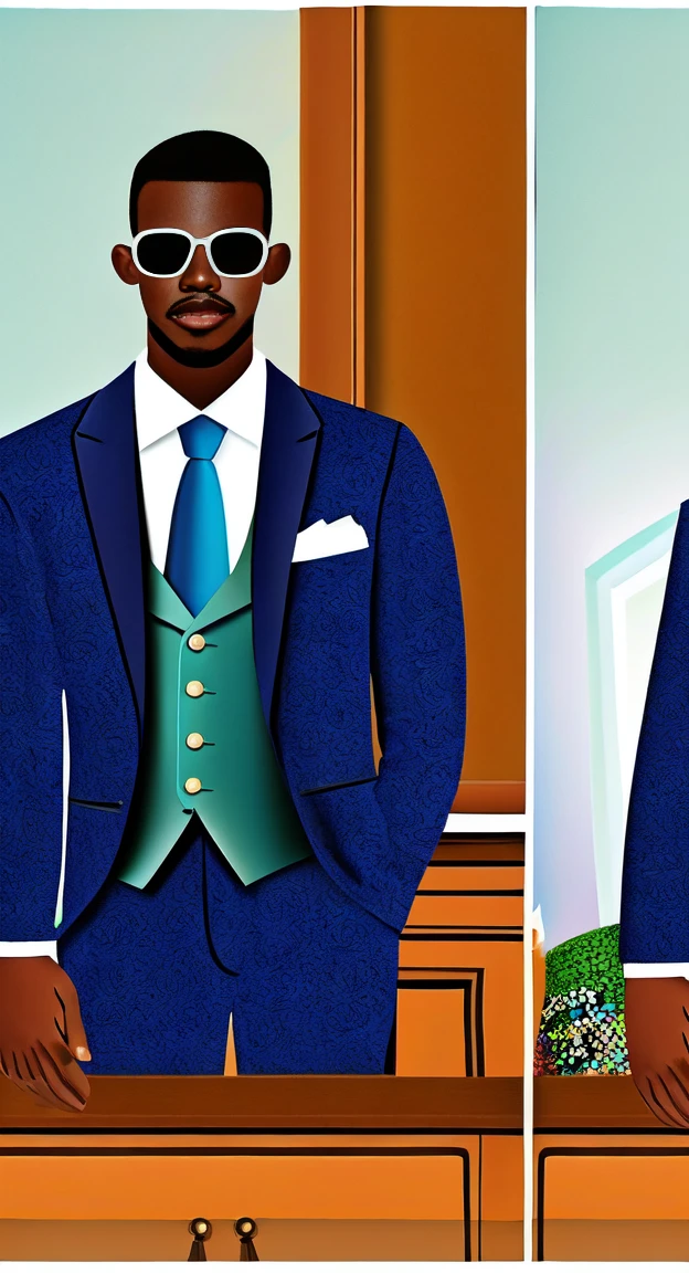 A poorly dressed man looking in the mirror and seeing a well-dressed and successful man on the other side, and they are the same person