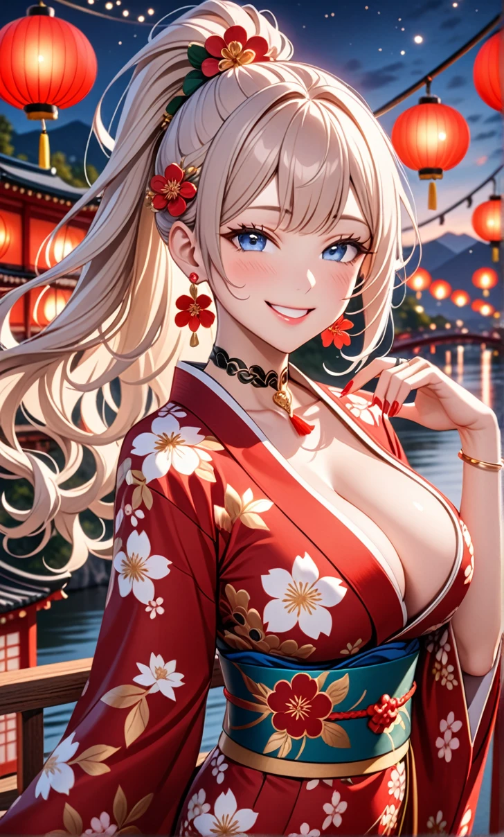 ultra-detailed, ((one girl)), in white hair girl,  hyper detailed, absurdres, 8K, Beautiful Face, (Laugh shyly), ((teasing smile:1.8)), ((Wink:1.8)), (Laugh with your mouth wide open),(Tilt your head:1.3), View your viewers, ((Bright red cheeks:1.6)),Glossy Red Lips, ((Big Breasts:1.5)), (valley),night, Riverside,On Bridge, firework, (Brighten your face), ((Anime style background)),masterpiece, Highest quality, so beautiful,Latest, Complex details, (Pink long nails), (nail art), (ring),(bracelet), (Floral Choker),AI-generated, Complex,High resolution, Highest quality, super high quality,3D Images、3D Images,One person,White long hair,(High Ponytail), (wavy hair:1.3), Fair-skinned anime woman posing for a photo, ((Fine grain、blue eyes、glowing eyes:1.4)), (Squint your eyes:1.1),a hyperRealistic , hyperRealistic , Realistic, Anime woman with long white hair, Smooth anime CG art, A girl in a gorgeous kimono with gold embroidery, ((black furisode:1.5)),(Red floral pattern) ,Long flower hair ornament,Floral Earrings,Mature Body, tall,Abdominal muscles,Narrow waist,((arched back:1.9)), (front view),