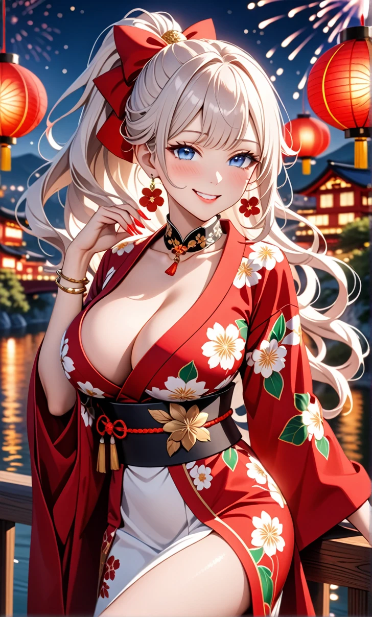 ultra-detailed, ((one girl)), in white hair girl, hyper detailed, absurdres, 8K, Beautiful Face, (Laugh shyly), ((teasing smile:1.8)), ((Wink:1.8)), (Laugh with your mouth wide open),(Tilt your head:1.3), View your viewers, ((Bright red cheeks:1.6)),Glossy Red Lips, ((Big Breasts:1.5)), (valley),night, Riverside,On Bridge, firework, (Brighten your face), ((Anime style background)),masterpiece, Highest quality, so beautiful,Latest, Complex details, (Pink long nails), (nail art), (ring),(bracelet), (Floral Choker),AI-generated, Complex,High resolution, Highest quality, super high quality,3D Images、3D Images,One person,White long hair,(High Ponytail), (wavy hair:1.3), Fair-skinned anime woman posing for a photo, ((Fine grain、blue eyes、glowing eyes:1.4)), (Squint your eyes:1.1),a hyperRealistic , hyperRealistic , Realistic, Anime woman with long white hair, Smooth anime CG art, A girl in a gorgeous kimono with gold embroidery, ((black furisode:1.5)),(Red floral pattern) ,Long flower hair ornament,Floral Earrings,Mature Body, tall,Abdominal muscles,Narrow waist,((arched back:1.9)), (front view),