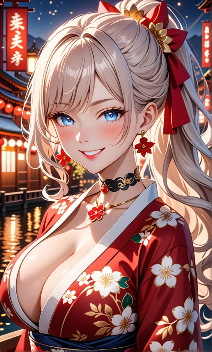 ultra-detailed, ((one girl)), in white hair girl,  hyper detailed, absurdres, 8K, Beautiful Face, (Laugh shyly), ((teasing smile:1.8)), ((Wink:1.8)), (Laugh with your mouth wide open),(Tilt your head:1.3), View your viewers, ((Bright red cheeks:1.6)),Glossy Red Lips, ((Big Breasts:1.5)), (valley),night, Riverside,On Bridge, firework, (Brighten your face), ((Anime style background)),masterpiece, Highest quality, so beautiful,Latest, Complex details, (Pink long nails), (nail art), (ring),(bracelet), (Floral Choker),AI-generated, Complex,High resolution, Highest quality, super high quality,3D Images、3D Images,One person,White long hair,(High Ponytail), (wavy hair:1.3), Fair-skinned anime woman posing for a photo, ((Fine grain、blue eyes、glowing eyes:1.4)), (Squint your eyes:1.1),a hyperRealistic , hyperRealistic , Realistic, Anime woman with long white hair, Smooth anime CG art, A girl in a gorgeous kimono with gold embroidery, ((black furisode:1.5)),(Red floral pattern) ,Long flower hair ornament,Floral Earrings,Mature Body, tall,Abdominal muscles,Narrow waist,((arched back:1.9)), (front view),