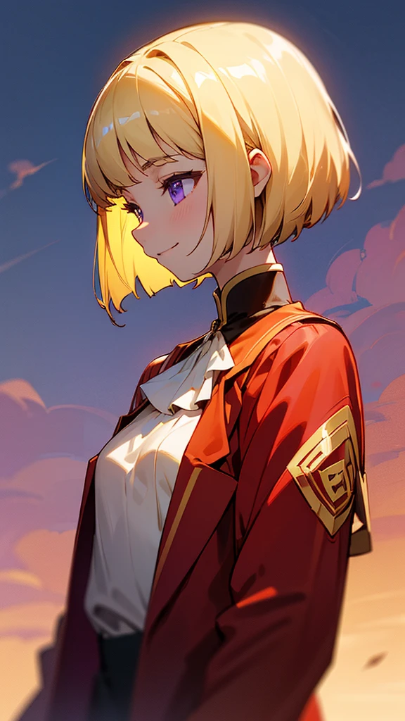 1 Girl、anime painting、Upper body close-up、profile、Natural Proportions、thin、Small breasts、smile、White skin、(blonde)、Bobcut、Beautiful purple eyes、Red jacket、(Long sleeve blouse)、Frilled blouse、Golden Hour Sky、Background blur、Written boundary depth