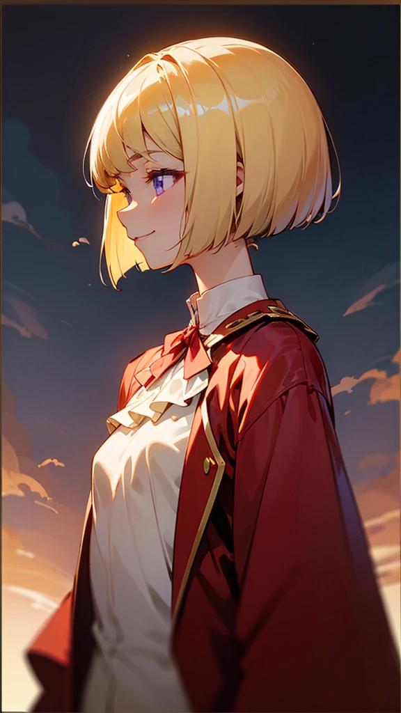 1 Girl、anime painting、Upper body close-up、profile、Natural Proportions、thin、Small breasts、smile、White skin、(blonde)、Bobcut、Beautiful purple eyes、Red jacket、(Long sleeve blouse)、Frilled blouse、Golden Hour Sky、Background blur、Written boundary depth