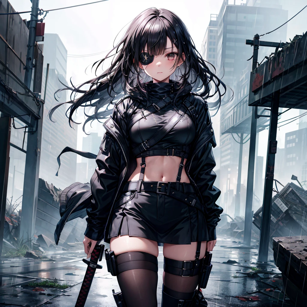 ((Highest quality)), ((masterpiece)), (detailed), A beautiful black-haired girl with an eye patch and a katana, fighting in a desolate cityscape. It's raining heavily, and the girl is dressed in a black leather jacket, a crop top, a mini skirt, and black pantyhose, all of which are slightly torn. Her expression is emotionless. The background shows the ruins of the city, with rain pouring down, adding a dramatic effect to the scene.