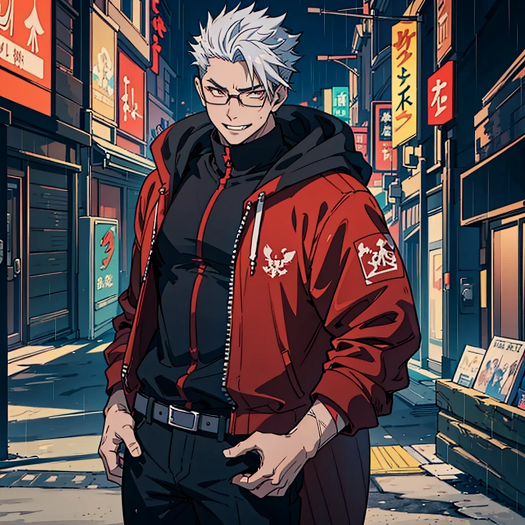 16K, High resolution, RTTX 10.0, Ray Tracing, Top quality masterpiece, Awards, Talked about at the art station, very beautiful, Perfect anatomy and highly detailed face, Glowing Eyes, Fine grain, Accurate drawing, Beautiful Hair, Detailed Background, Edgy, One person, Man in his late 20s, Well-groomed Mafia, Red hoodie and black pants, Warm, loose-fitting clothing, Rough youth fashion, Dystopian criminals, Yakuza with a scar on his face, Dark Signs, Malicious grin, A villain with a rugged face, Slightly muscular, dark brown skin, shaved, White or silver hair, thick black rimmed glasses, Cynical smile, Unscrupulous atmosphere, Backstreet Street Art, A rainy city illuminated by neon lights, A gangster with a scar on his nose, A violent criminal with a horizontal scar across his face, 180cm tall thug, Injured Villain, Mercenary healing his wounds,