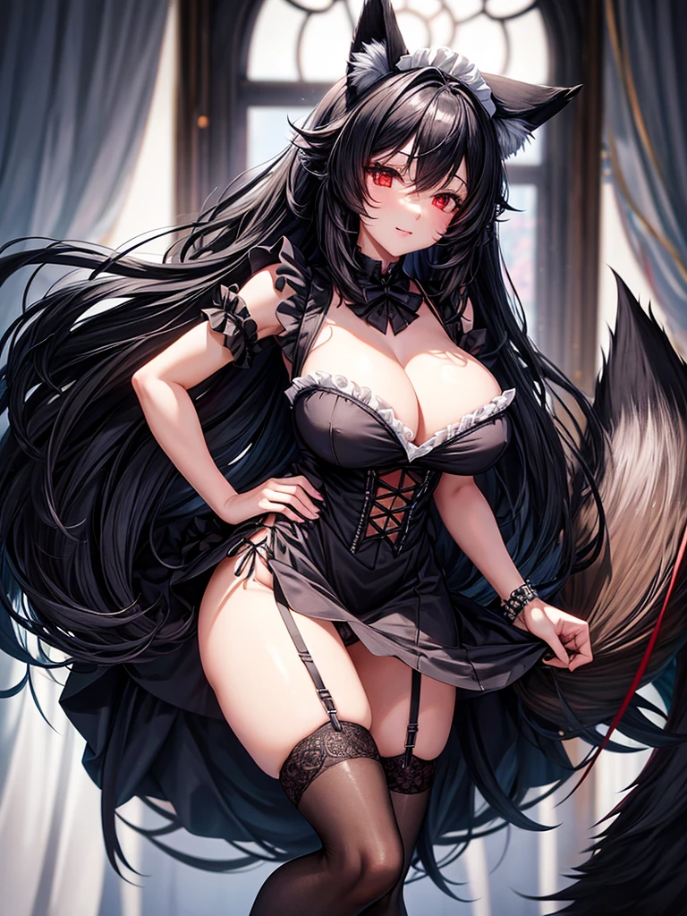 Black fox hybrid maid woman, wears a short maid outfit showing her panties, has long black fuzzy hair, has red eyes, has big breasts, has fox ears and fox tail.