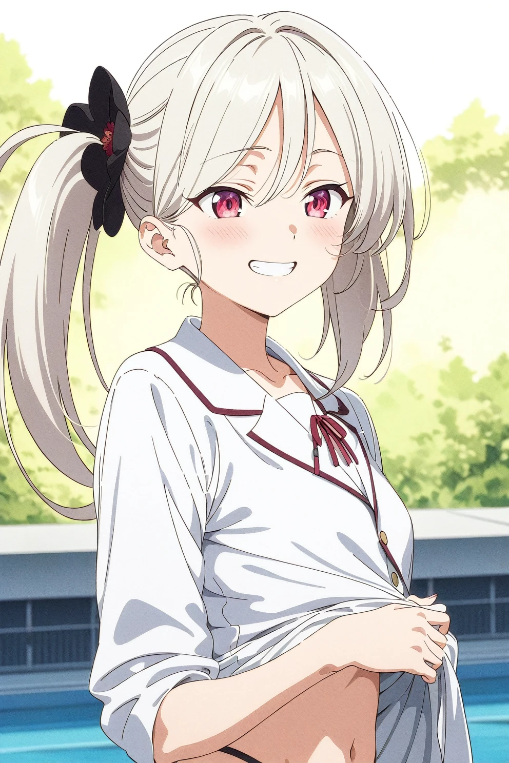 best quality, amazing quality, very aesthetic, absurdres, (1girl, mutsuki, blue archive, solo, red eyes, white hair, side ponytail), (realistic face:0.9),(string panties:1.8),dress lift, (grin, blush, thigh:1.3), (cowboy shot), (glowing eyes), (half closed eyes:0.9), (from side:2), (official art:1.3), (pool), expressive eyes, perfect face, 4k, extremely detailed anime illustration, extremely detailed eyes, perfect anatomy, light rays, extremely delicate body, smooth skin, (school background:1.5), clear eyes, beautiful face, small breasts,(anime style:1.7), (Warm Light:1.5), (highres:2),