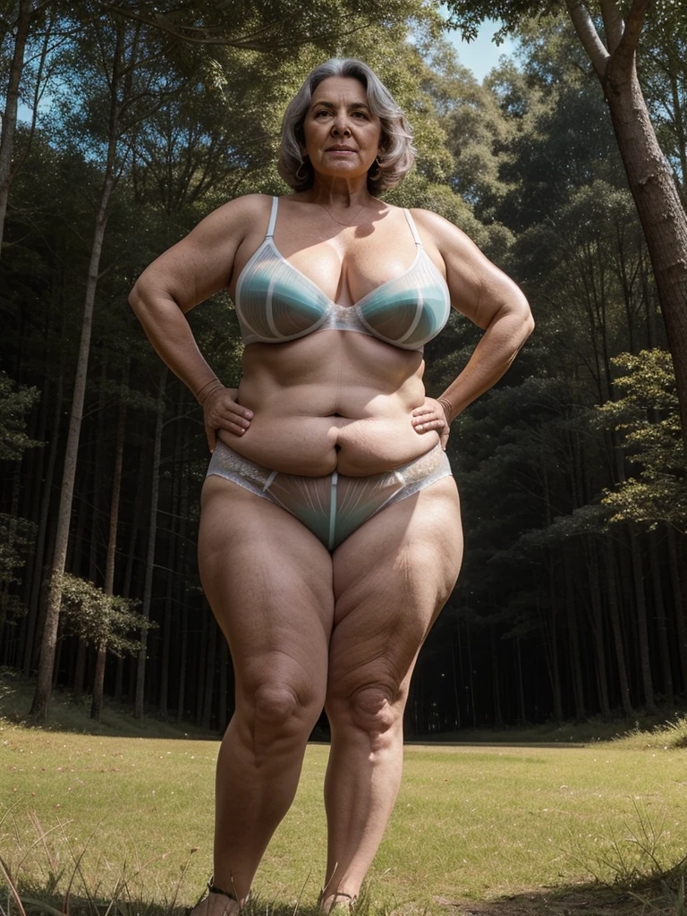 A 60-year-old grandmother with a huge bust, wide-hipped, plump, stocky, curvy, stands in transparent underwear on the grass in the forest in the summer