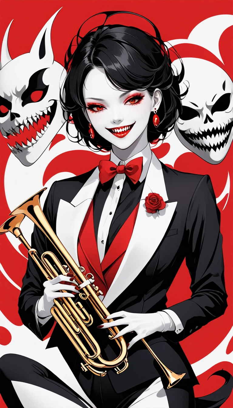 Playful and cool hell lady flat illustration style, ,Wearing cool suits and leggings, trumpet,Wearing earrings,Smile, Sharp Teeth,White skin, Red/Black/White background ,Minimalist Journey,Anatomically correct:2