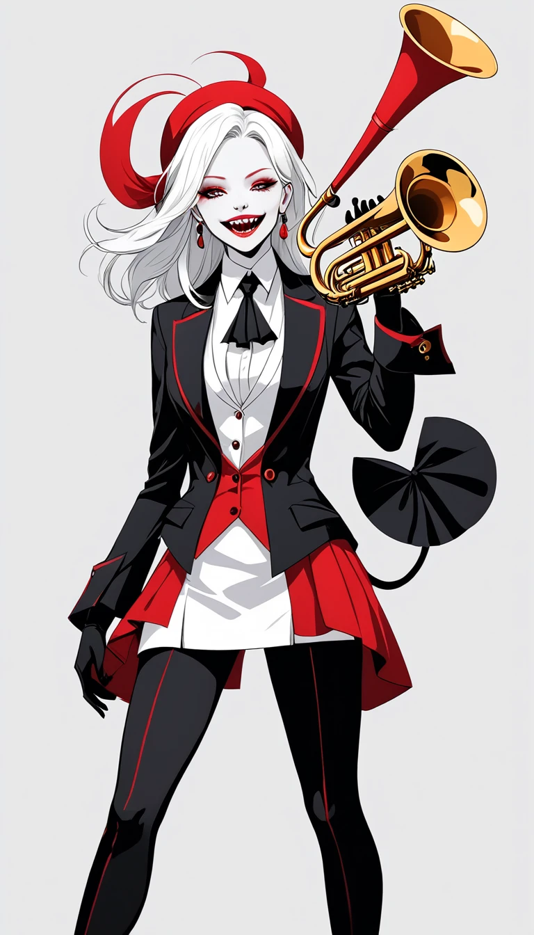 Playful and cool hell lady flat illustration style, ,Wearing cool suits and leggings, trumpet,Wearing earrings,Smile, Sharp Teeth,White skin, Red/Black/White background ,Minimalist Journey,Anatomically correct:2