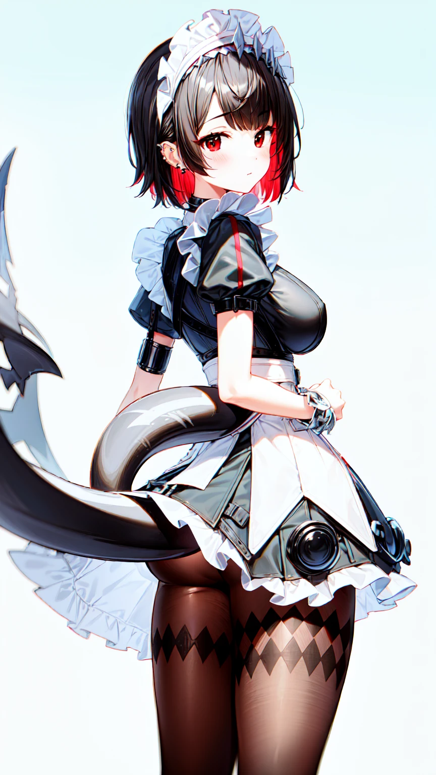 1girl, solo, blush,smile, ellen joe, black hair, colored inner hair, multicolored hair, (red eyes:1.3), red hair, short hair, two-tone hair, looking_at_viewer, large_breasts, ass, apron, black pantyhose, black shirt, black skirt, ear piercing, fins, fish tail, maid, maid apron, maid headdress, pantyhose, piercing, puffy short sleeves, puffy sleeves, shark girl, shark tail, shirt, short sleeves, skirt, tail, two-tone hair, wrist cuffs, closed_mouth, cowboy_shot, looking_back, standing