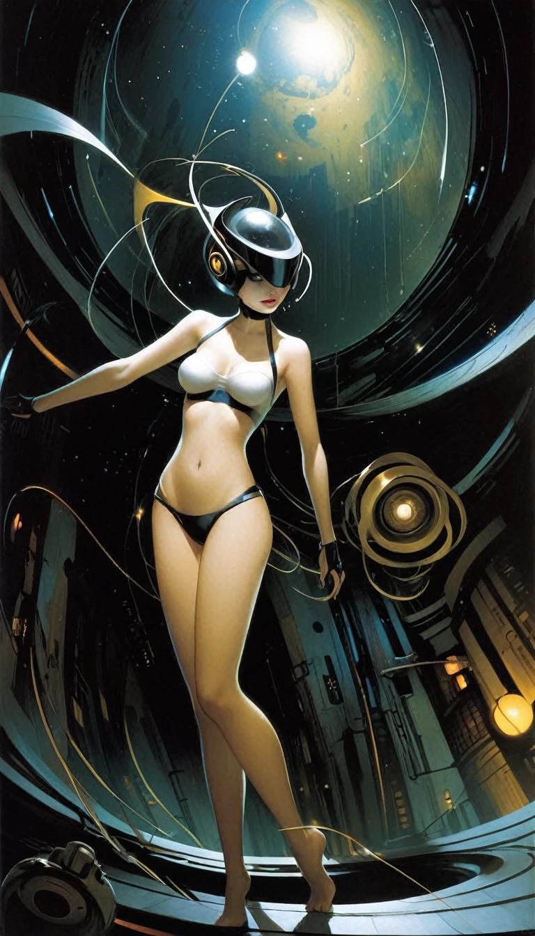 futuristic scene:1.5, sexy girl, Dave mckean art inspired