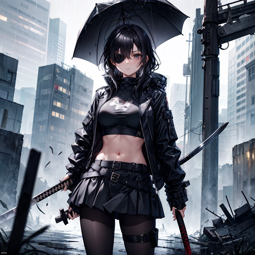 ((Highest quality)), ((masterpiece)), (detailed), A beautiful black-haired girl with an eye patch and a katana, fighting in a desolate cityscape. It's raining heavily, and the girl is dressed in a black leather jacket, a crop top, a mini skirt, and black pantyhose, all of which are slightly torn. Her expression is emotionless. She is looking down at the viewer. The background shows the ruins of the city, with rain pouring down, adding a dramatic effect to the scene.