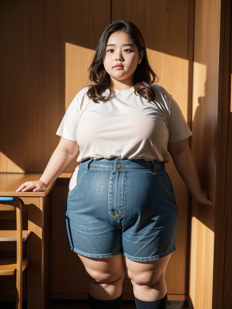 a 10 year old obese girl, chubby cheeks, round face, double chin, thick arms and legs, wearing a , standing in a school setting, realistic, detailed, highly detailed, intricate details, photorealistic, 8k, masterpiece, cinematic lighting, dramatic shadows, vibrant colors