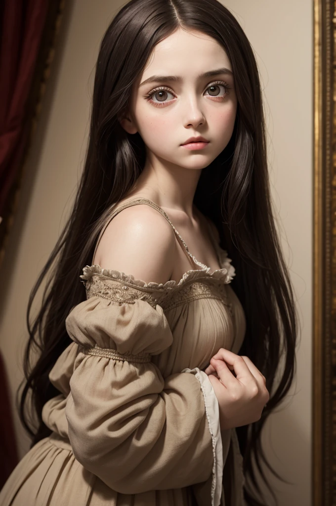 Make a Renaissance painting of a girl with dark hair and big eyes