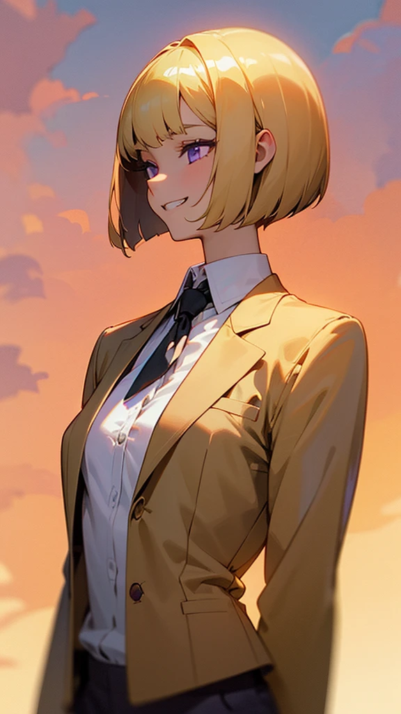 1 Girl、anime painting、Upper body close-up、profile、Natural Proportions、thin、Small breasts、Grin、White skin、(blonde)、Bobcut、Beautiful purple eyes、White shirt、Black work trousers、Black Fitted Blazer、Slender body、Upper body close-up、Golden Hour Sky