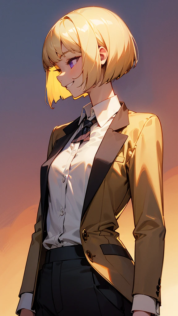 1 Girl、anime painting、Upper body close-up、profile、Natural Proportions、thin、Small breasts、Grin、White skin、(blonde)、Bobcut、Beautiful purple eyes、White shirt、Black work trousers、Black Fitted Blazer、Slender body、Upper body close-up、Golden Hour Sky