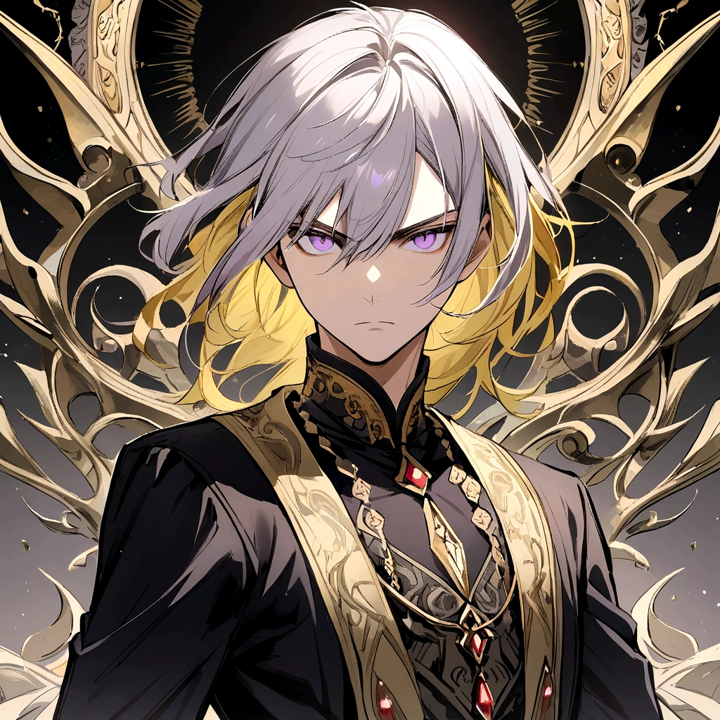 A boy with yellow middle hair and light purple-gray eyes.