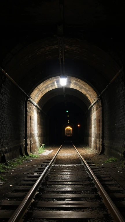 "It is nighttime. An old railway tunnel, from a time before electric lighting, stands abandoned. Inside the tunnel, mysterious torches are burning. This railway tunnel has been out of use for 100 years and is now completely covered in banyan roots, except for the main entrance. The entrance is adorned with intricate carvings of rats. At night, the tunnel looks dangerous and eerie. It's winter, and fog envelops the surroundings."