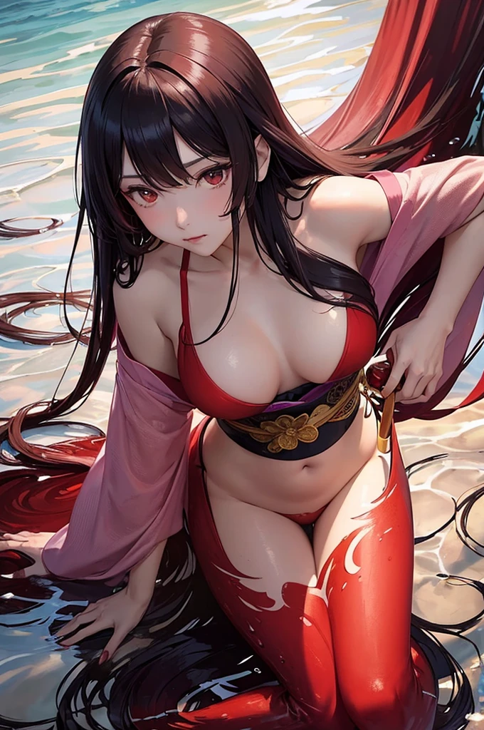 A reddish background/wine.
a woman with straight hair, long, black and slanted eyes is wearing a kimono.
She's half mermaid below the waist.
In the part where she is a mermaid, is submerged underwater (both the water and its syrup are red). In addition, she is holding a thin sword in her left hand underwater