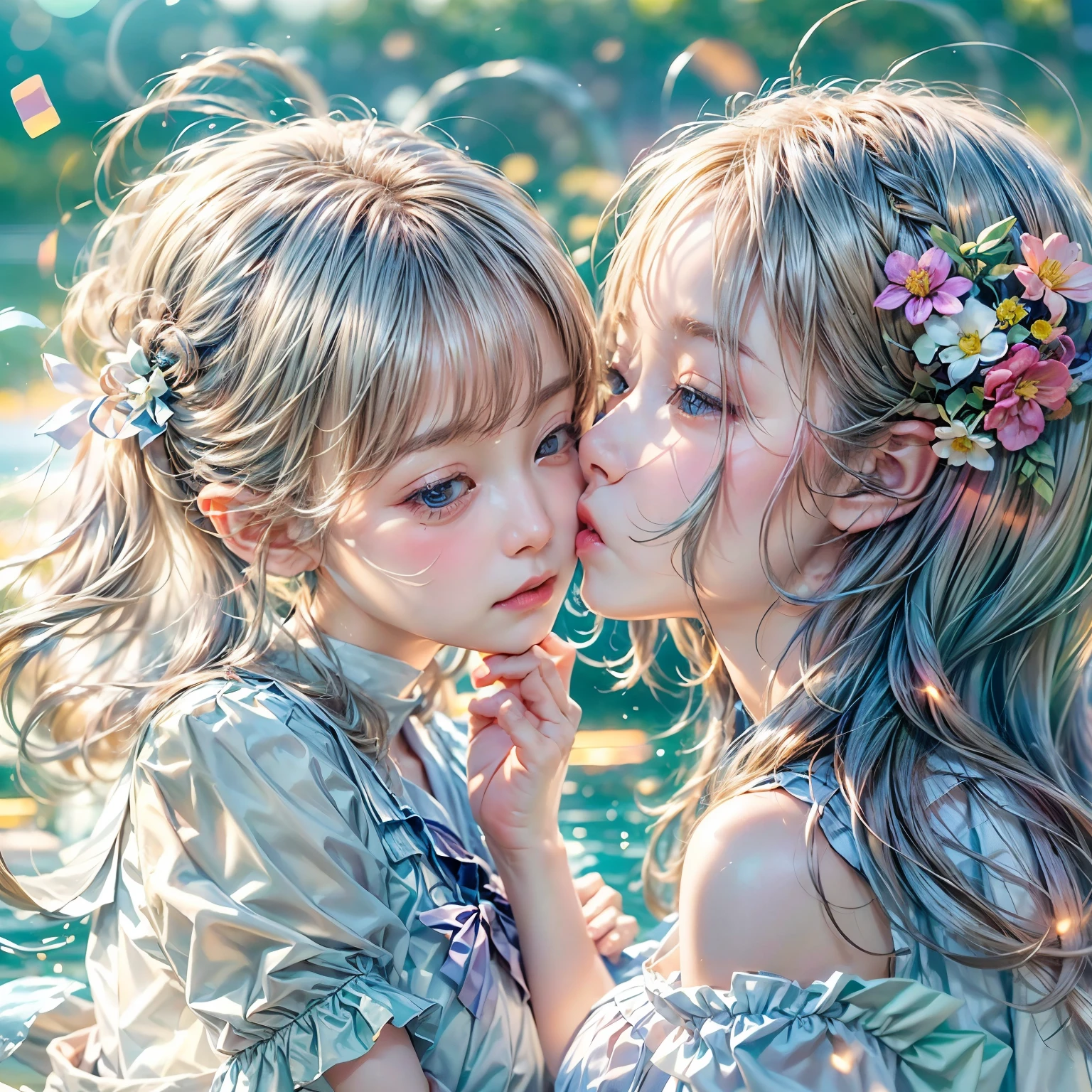 SFW, ((David Hamilton:1.37, White and RainbowColors))、Extremely Detailed (PUNIPUNI Oppai-Loli Twins)、{(Dynamic-angle)|(from side)|(from back)|((from below:1.2))}、{(((Kissing face to face:1.37) Against the Nipples to Nipples Pressing hard))| ZoomedOut }、{(Floating hair with Strong wind)|(Ass focus)|French Braid|bun}、((8K best quality Masterpiece:1.2、Photo-realistic:1.37)), { kodachrome | realistic | photorealistic | RAW }  BREAK  ((Detailed KAWAII Face variations), Detailed Radiant PearlSkin), Smooth shading, (((SoftFocus BokeH))), Soft Lighting, ((school uniform)), {Flowers|Flower wreath|smile|Joyful|Pleasuring|Different types of hair colors}、{(Light Particles:1.2)|(Lens Flare)|(Luminescent Particles:0.6)}、{(((Just a heads above the Lake))) |Sparkling Lake surface|Splashing water|Before dawn|magic hour|morning glow|foggy|Haze|(Dazzling Colored Horizon)}、{((HiddenHand))|((Corrected BabyLike Hand))} . PICHIPICHI