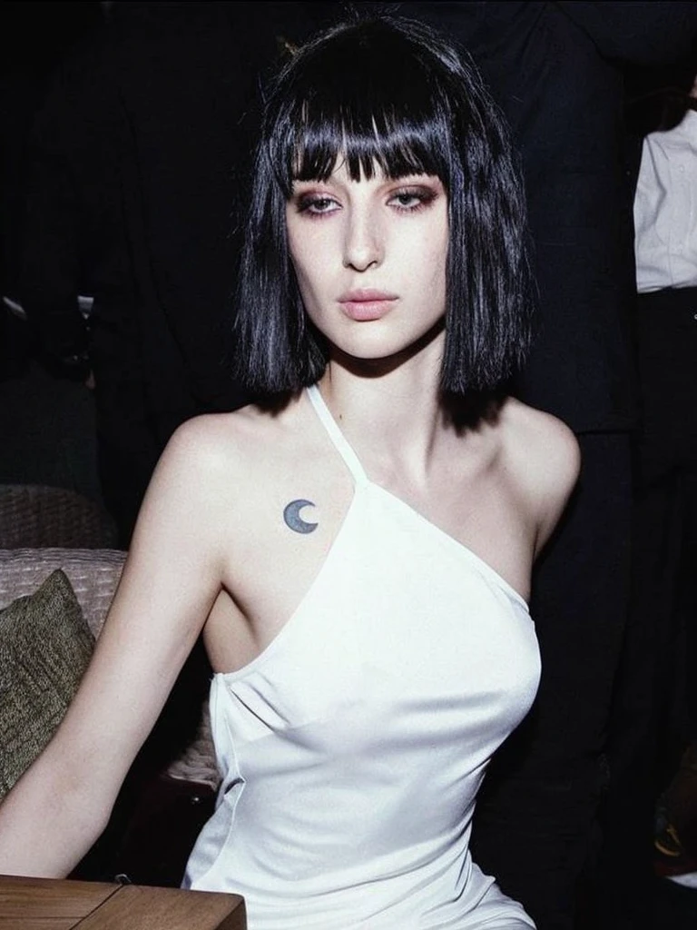 Pale age girl with silky black hair and bangs above her eyebrows, with small pink lips and a potato nose and light green eyes, taking photo with a white dress looking at the camera serious and good quality