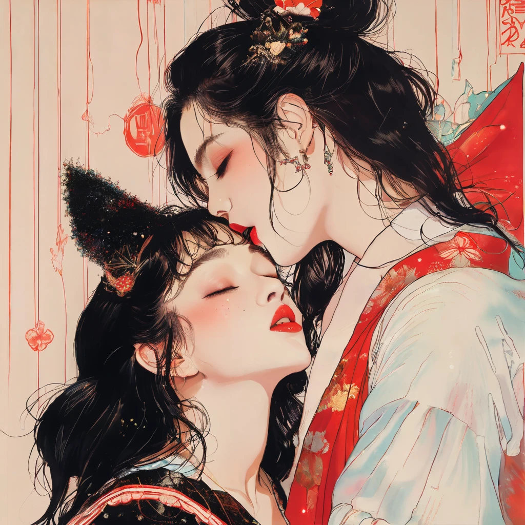 Period drama manga style A 15-year-old super beautiful Chinese girl with black hair in a bun cut She is in a Chinese-style bed, wearing a long-sleeved royal Chinese dress, and the old emperor hugs her and kisses her deeply, causing her to cry. She has exposed nipples