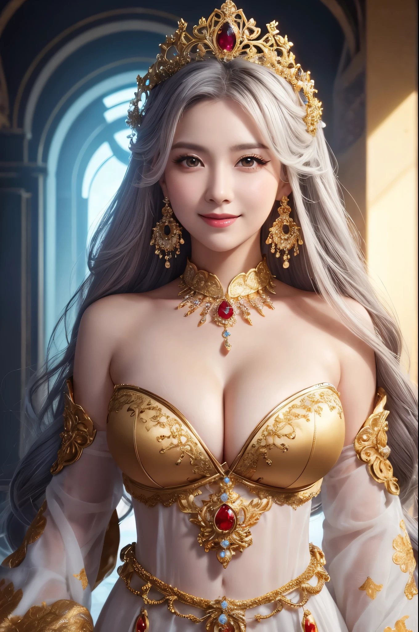 8K,Empress goddess wearing a gorgeous white dress, Gray Hair,Mature goddess with very very large breasts,Super Beauty(Like the real thing)Ultra-realisticな肌,sexy goddess costume,Beautiful long white hair,Delicate and detailed golden decoration,Fan Art Best Art Station, ig model | art gelm, Beautiful Fantasy Empress, art gelm. Highly detailed ArtGerm, 2. 5d cgi anime fantasy artwork,Trending on cgstation, big earrings with red gems,とても優しいsmile,very large firm breasts,,A mature motherly goddess,Look at the viewers,Golden Eyes,Goddess of Beauty,Rich colors, Backlight, Cinema Lighting, Film Grain, 50mm lens, Nikon D850,smile,Ultra-realistic,Photorealistic RAW photos of the highest quality,Makeup,