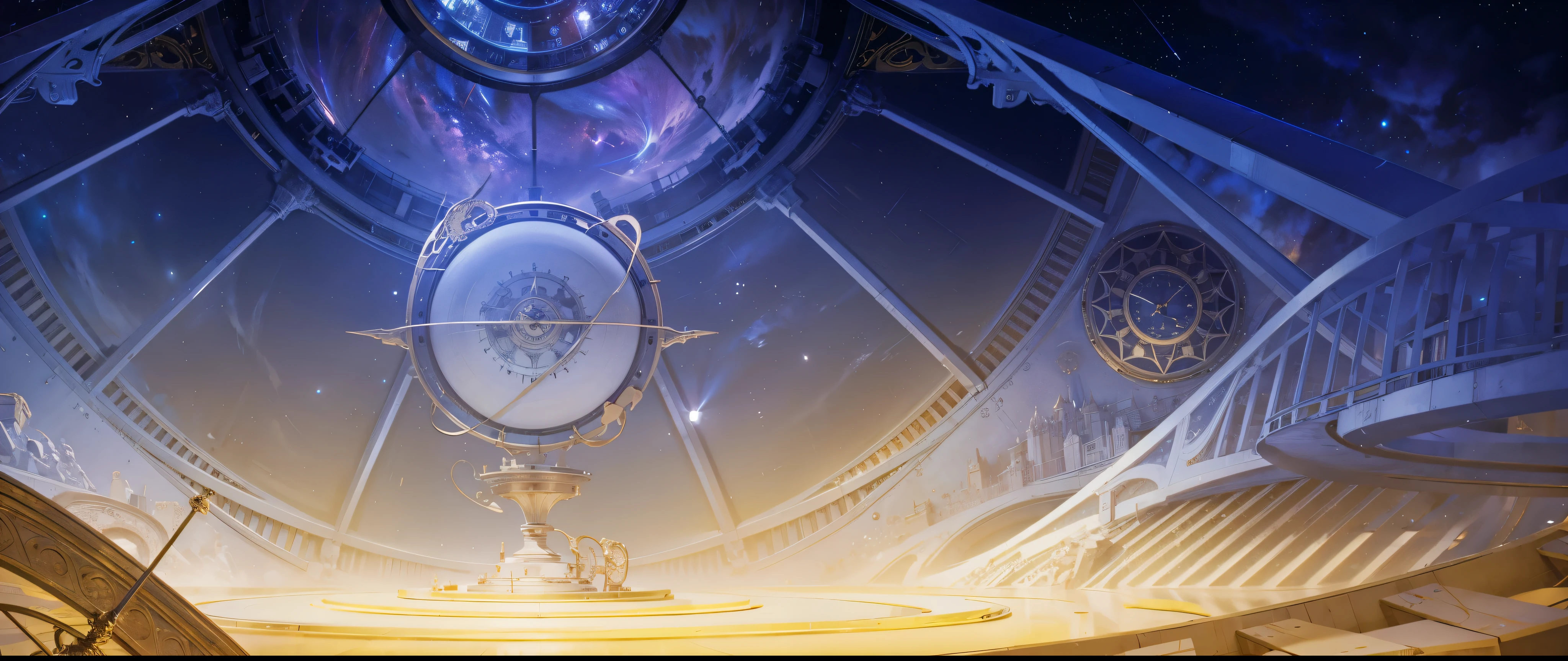 There is a clock on the ceiling of a building., Infinite Space Clock Background, Infinite Celestial Library, Alchemist&#39;s Library Background, background technologywork, Animation New Art Universe Display, Intricate sparkling atmosphere, background technology, Concept Art magical highlight, Kingdom of Light Background, Arena Background, anime background technology, astral background, Gorgeous border + Concept Art, Star Clocks