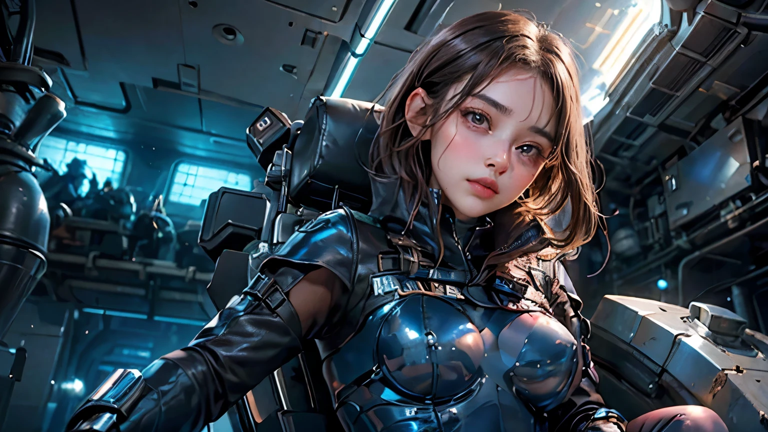 A beautiful woman. Twenty years old. Dark brown hair. Beautiful double eyes. The bridge of my nose. Well-shaped lips. She is looking at the camera with a defiant expression. She wears a blue-black metallic battle uniform. She is sitting on a small submersible named Kunipick.