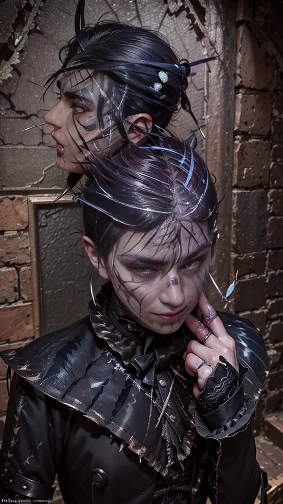 (Gothic aesthetics,Victorian Style,steampunk,dark,romantic,Ghostly,) In a dark, Mysterious setting, A man in Gothic clothing stands in a Gothic garden. He has beautiful and delicate eyes, Have long, eye-catching eyelashes. ((the scar on his cheek:1.7)) is also explained in detail, Adds to his captivating presence. Bui's face is highly detailed, with delicate features that show her elegance, And makes the scar on his cheek stand out. He exudes a sense of mystery and romance.. The garden is lush, Lush vegetation, creating a Ghostly atmosphere. Plants are intertwined with mechanical elements, giving the garden a steampunk twist. The sky above is deep, dark blue, Enhances the gothic atmosphere. The artwork is of the highest quality, Fine details visible even at the highest resolution, 4K, 8K, etc.. Every element is captured in incredible detail, Create a realistic, photorealistic feel. Lighting reminiscent of studio lighting, Dramatic shadows enhance the mystical atmosphere of the scene. The colors used in the artwork are vibrant., with a color palette that leans towards dark and moody tones. Deep crimson color, purple, And black dominates the image., adding to the Gothic aesthetics. The overall color scheme contributes to the Ghostly and romantic atmosphere. In this gothic scene, steampunk influences, and dark aesthetics creates a captivating visual experience. The viewer is、Be invited into a world where technology, elegance and mystery come together。, Inspire your imagination with endless possibilities.