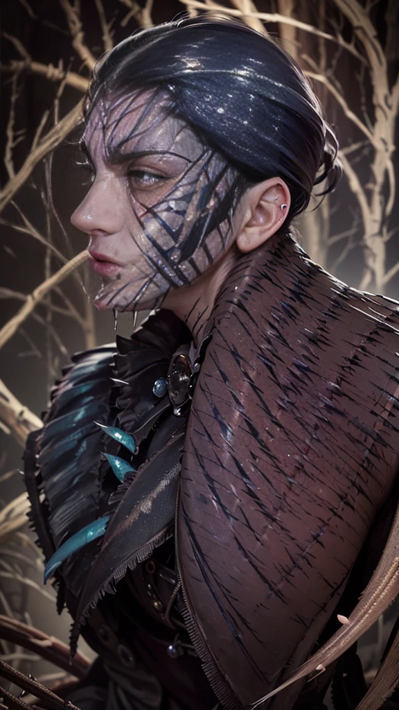(Gothic aesthetics,Victorian Style,steampunk,dark,romantic,Ghostly,) In a dark, Mysterious setting, A man in Gothic clothing stands in a Gothic garden. He has beautiful and delicate eyes, Have long, eye-catching eyelashes. ((the scar on his cheek:1.7)) is also explained in detail, Adds to his captivating presence. Bui&#39;s face is highly detailed, with delicate features that show her elegance, And makes the scar on his cheek stand out. He exudes a sense of mystery and romance.. The garden is lush, Lush vegetation, creating a Ghostly atmosphere. Plants are intertwined with mechanical elements, giving the garden a steampunk twist. The sky above is deep, dark blue, Enhances the gothic atmosphere. The artwork is of the highest quality, Fine details visible even at the highest resolution, 4K, 8K, etc.. Every element is captured in incredible detail, Create a realistic, photorealistic feel. Lighting reminiscent of studio lighting, Dramatic shadows enhance the mystical atmosphere of the scene. The colors used in the artwork are vibrant., with a color palette that leans towards dark and moody tones. Deep crimson color, purple, And black dominates the image., adding to the Gothic aesthetics. The overall color scheme contributes to the Ghostly and romantic atmosphere. In this gothic scene, steampunk influences, and dark aesthetics creates a captivating visual experience. The viewer is、Be invited into a world where technology, elegance and mystery come together。, Inspire your imagination with endless possibilities.