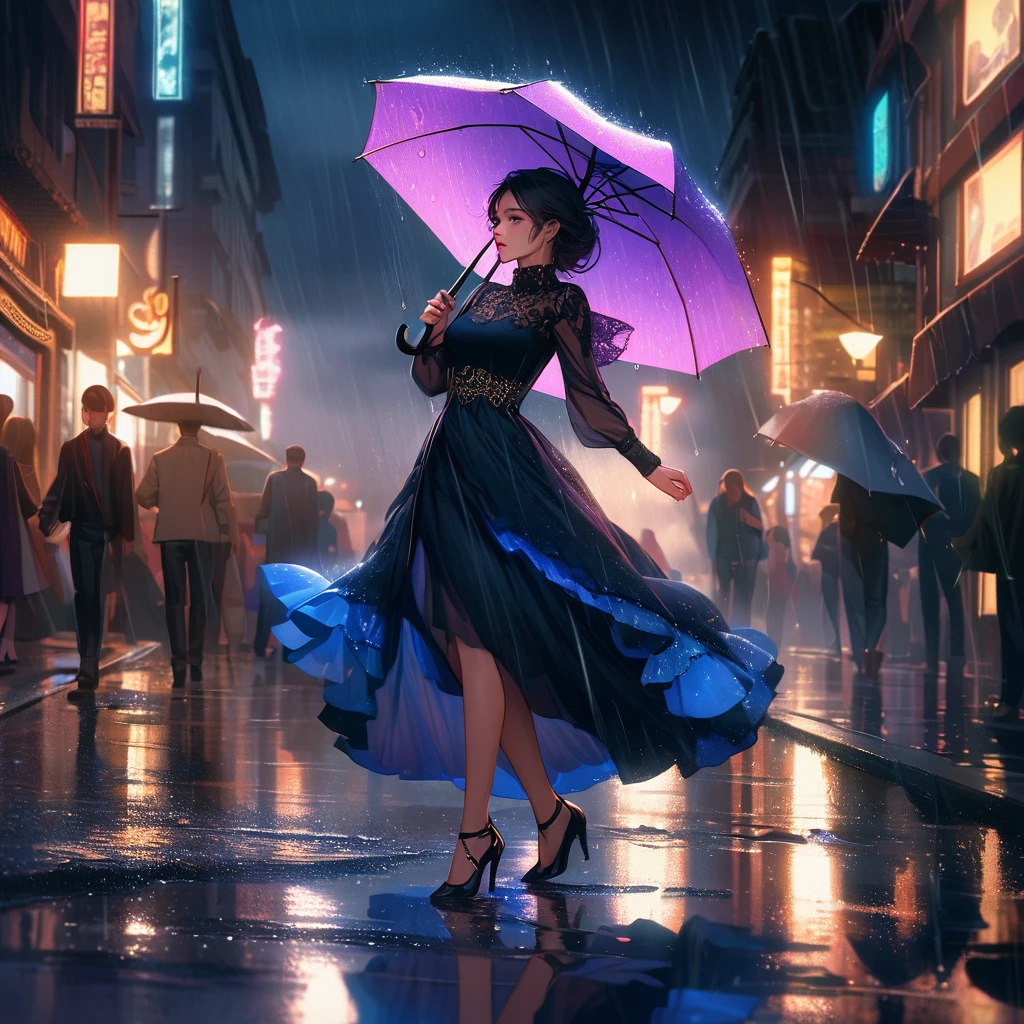 Vibrant, dynamic, carefree, joyful, mesmerizing, woman, dancing, rain, umbrella, city, night, streetlights, reflections, puddles, raindrops, mist, fog, soft, warm, golden, lighting, atmospheric, moody, cinematic, stunning, beautiful, captivating, enchanting, alluring, seductive, mysterious, dreamy, ethereal, whimsical, romantic, nostalgic, melancholic, introspective, emotive, expressive, artistic, creative, imaginative, vivid, colorful, detailed, realistic, high-quality, intricate, ornate, luxurious, refined, polished, sophisticated, 