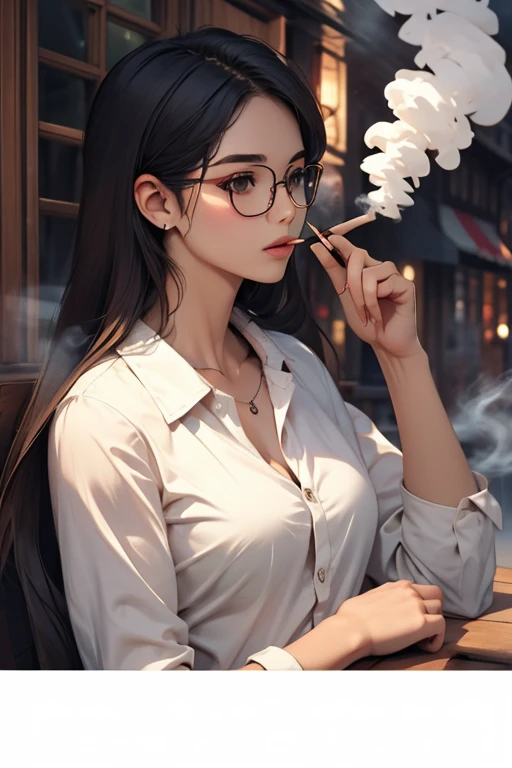 Highest quality、masterpiece、High sensitivity、High resolution、Detailed Description、Slender women、Glasses、Casual clothes、Smoke a cigarette、